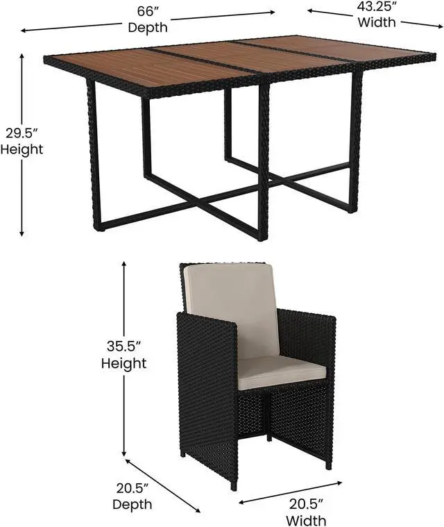 Alt view image 4 of 12 - Peregrine 7 Piece Outdoor Patio Dining Set, Space Saving Black Wicker Modular Chairs-Cream Cushions & Natural Acacia Wood Table Top