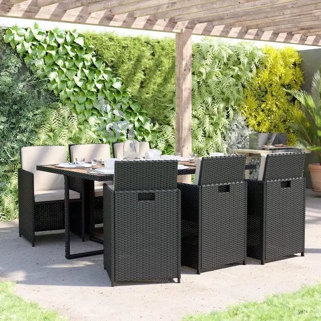 Alt view image 2 of 12 - Peregrine 7 Piece Outdoor Patio Dining Set, Space Saving Black Wicker Modular Chairs-Cream Cushions & Natural Acacia Wood Table Top