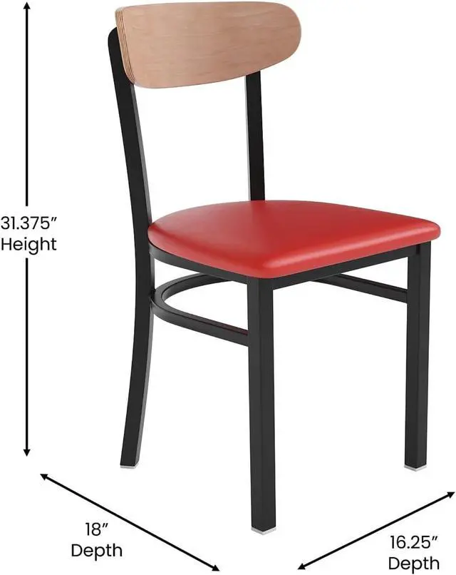 Alt view image 3 of 20 - Wright Commercial Dining Chair with 500 LB. Capacity Black Steel Frame, Natural Birch Finish Wooden Boomerang Back, and Red Vinyl Seat