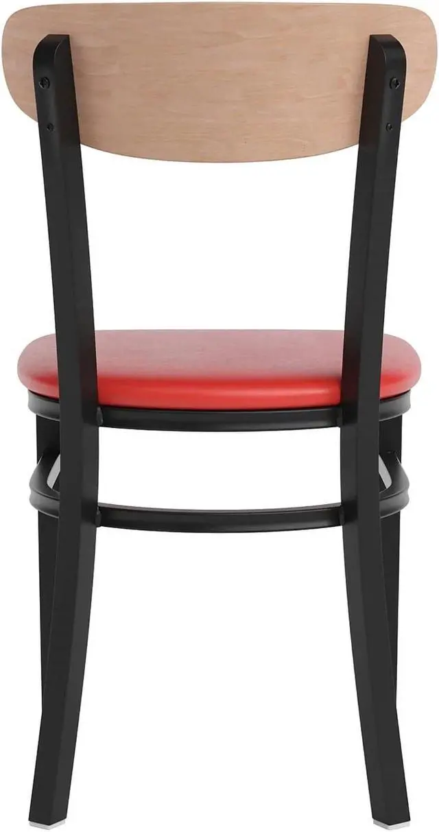 Alt view image 4 of 20 - Wright Commercial Dining Chair with 500 LB. Capacity Black Steel Frame, Natural Birch Finish Wooden Boomerang Back, and Red Vinyl Seat