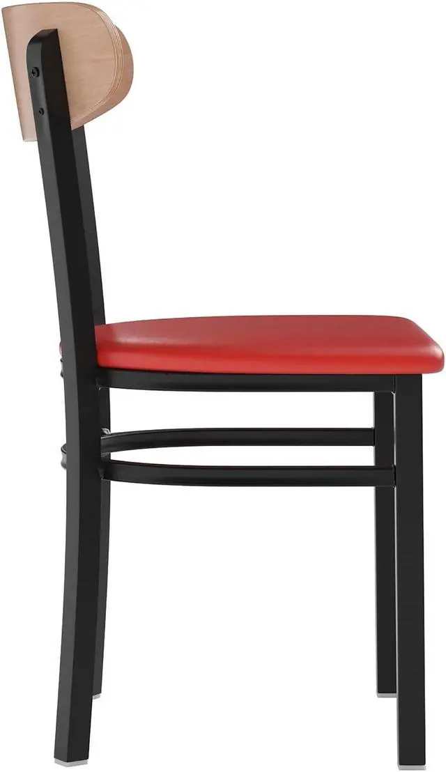 Alt view image 5 of 20 - Wright Commercial Dining Chair with 500 LB. Capacity Black Steel Frame, Natural Birch Finish Wooden Boomerang Back, and Red Vinyl Seat