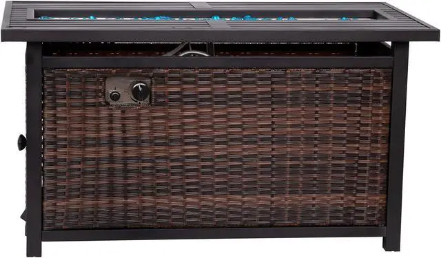 Main image of Olympia 45" x 25" Outdoor Propane Gas 50,000 BTU Fire Pit Table with Stainless Steel Tabletop, Lid, Glass Beads, Wicker Base-Espresso/Black