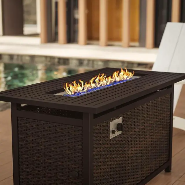 Alt view image 2 of 19 - Olympia 45" x 25" Outdoor Propane Gas 50,000 BTU Fire Pit Table with Stainless Steel Tabletop, Lid, Glass Beads, Wicker Base-Espresso/Black