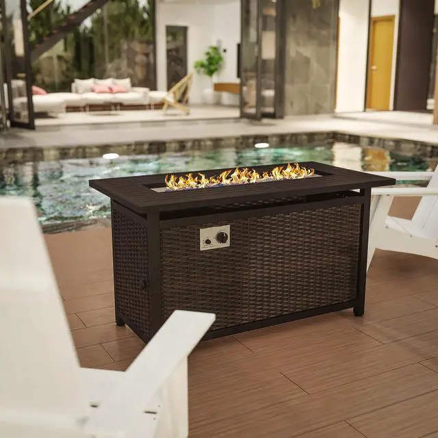 Alt view image 4 of 19 - Olympia 45" x 25" Outdoor Propane Gas 50,000 BTU Fire Pit Table with Stainless Steel Tabletop, Lid, Glass Beads, Wicker Base-Espresso/Black