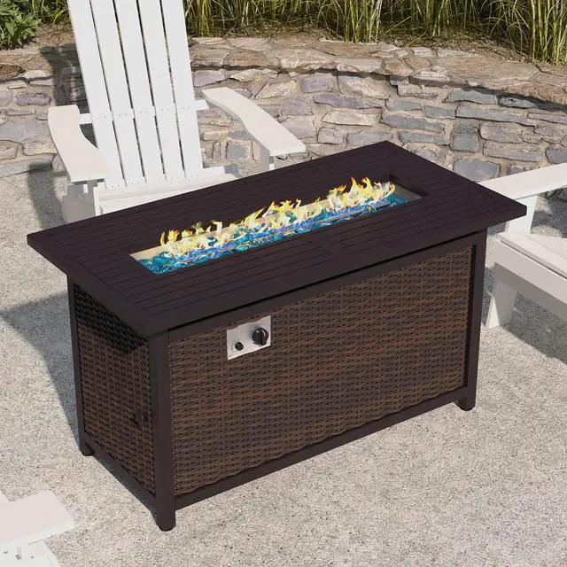 Alt view image 3 of 19 - Olympia 45" x 25" Outdoor Propane Gas 50,000 BTU Fire Pit Table with Stainless Steel Tabletop, Lid, Glass Beads, Wicker Base-Espresso/Black