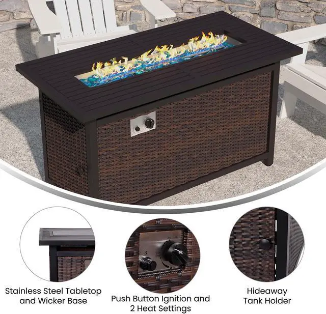 Alt view image 5 of 19 - Olympia 45" x 25" Outdoor Propane Gas 50,000 BTU Fire Pit Table with Stainless Steel Tabletop, Lid, Glass Beads, Wicker Base-Espresso/Black