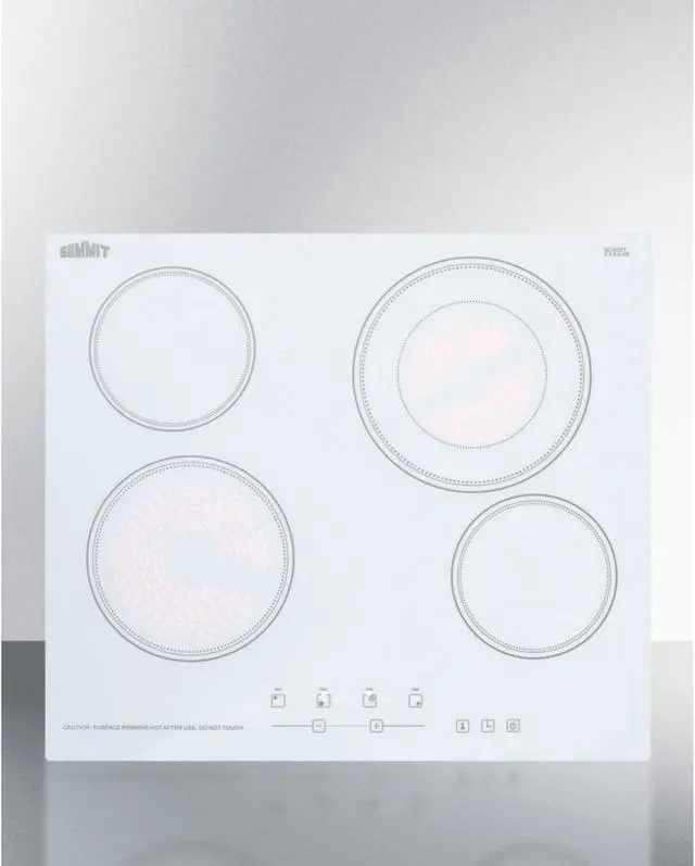 Alt view image 2 of 7 - Summit Appliance CR4B23T6W 24" Wide 230V 4-Burner Radiant Cooktop in White Smooth Ceramic Schott Glass Surface with Digital Touch Controls and an Extra Large 8" Dual Cooking Element