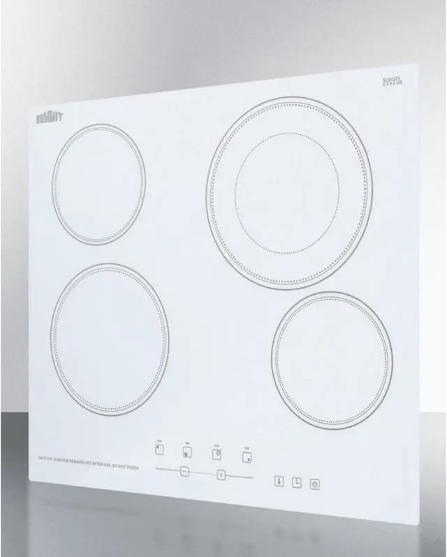 Alt view image 6 of 7 - Summit Appliance CR4B23T6W 24" Wide 230V 4-Burner Radiant Cooktop in White Smooth Ceramic Schott Glass Surface with Digital Touch Controls and an Extra Large 8" Dual Cooking Element