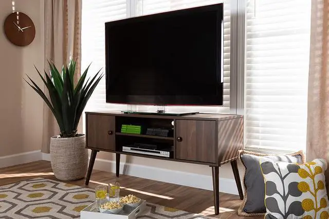Alt view image 3 of 10 - Baxton Studio Alard Mid-Century Modern Walnut Brown Finished 2-Door Wood TV Stand