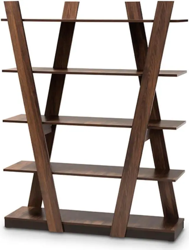 Main image of Baxton Studio Michio Modern and Contemporary Walnut Brown Finished 5-Tier Wood Geometric Living Room Display Shelf