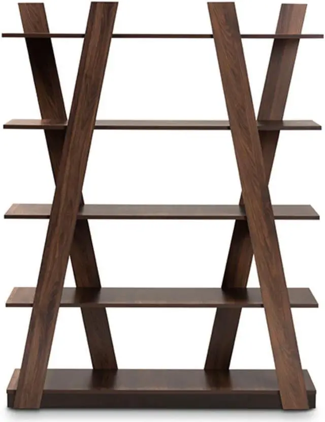 Alt view image 4 of 19 - Baxton Studio Michio Modern and Contemporary Walnut Brown Finished 5-Tier Wood Geometric Living Room Display Shelf