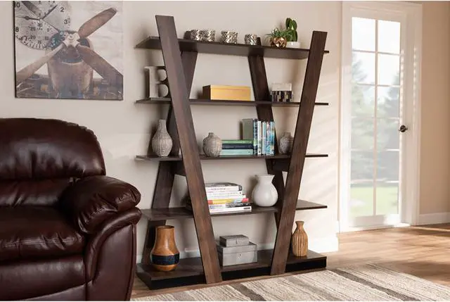 Alt view image 6 of 19 - Baxton Studio Michio Modern and Contemporary Walnut Brown Finished 5-Tier Wood Geometric Living Room Display Shelf