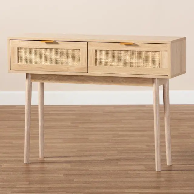 Alt view image 5 of 13 - Baxton Studio Baird Mid-Century Modern Light Oak Brown Finished Wood and Rattan 2-Drawer Console Table
