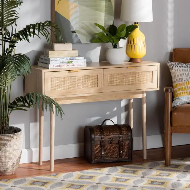 Alt view image 6 of 13 - Baxton Studio Baird Mid-Century Modern Light Oak Brown Finished Wood and Rattan 2-Drawer Console Table