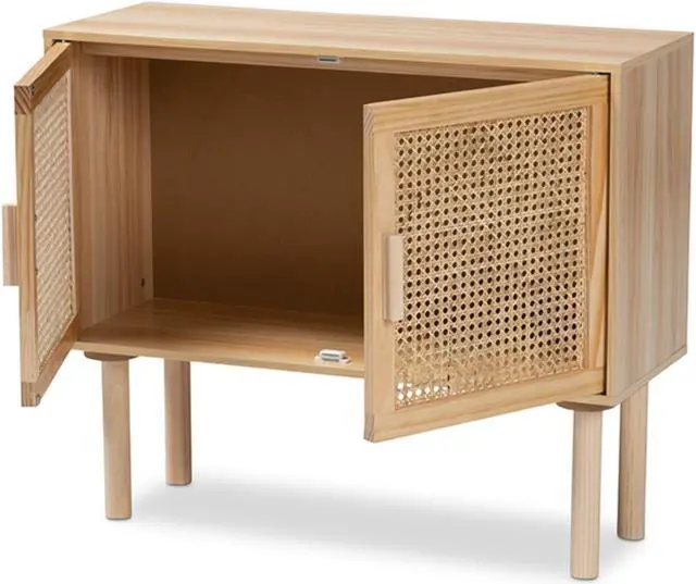 Alt view image 2 of 13 - Baxton Studio Maclean Mid-Century Modern Rattan and Natural Brown Finished Wood 2-Door Sideboard Buffet