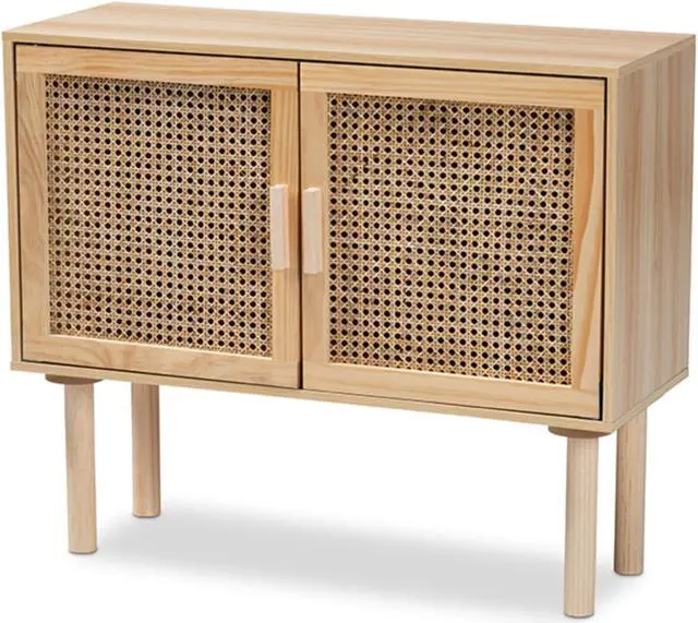 Main image of Baxton Studio Maclean Mid-Century Modern Rattan and Natural Brown Finished Wood 2-Door Sideboard Buffet