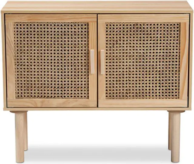 Alt view image 3 of 13 - Baxton Studio Maclean Mid-Century Modern Rattan and Natural Brown Finished Wood 2-Door Sideboard Buffet
