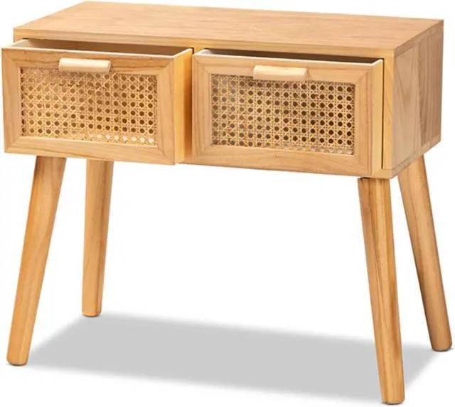 Alt view image 2 of 10 - Baxton Studio Falan Mid-Century Modern Oak Brown Finished Wood 2-Drawer Console Table with Rattan