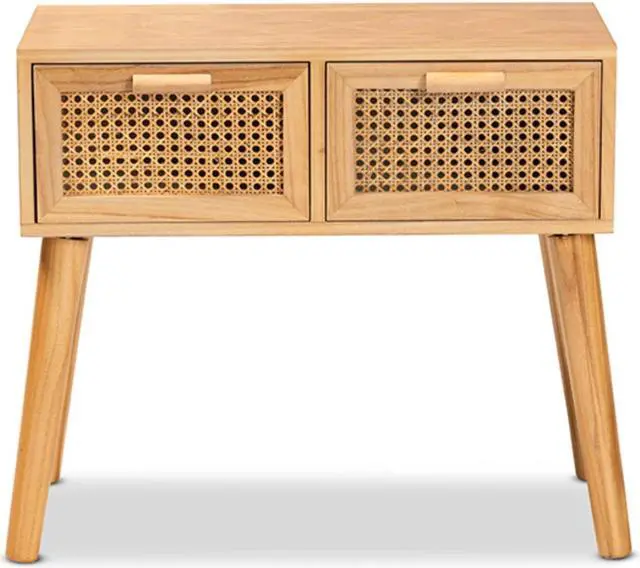 Alt view image 10 of 10 - Baxton Studio Falan Mid-Century Modern Oak Brown Finished Wood 2-Drawer Console Table with Rattan