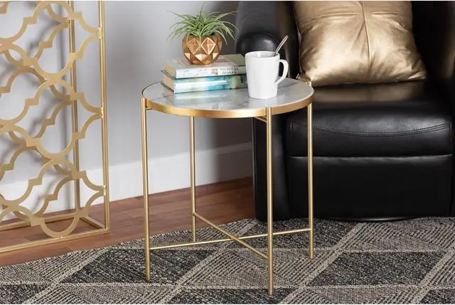Alt view image 5 of 12 - Baxton Studio Maddock Modern and Contemporary Gold Finished Metal End Table with Marble Tabletop