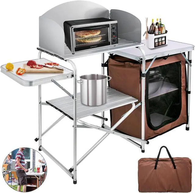 Main image of Camping Kitchen Table Picnic Cabinet Folding Cooking Storage Rack Portable Brown