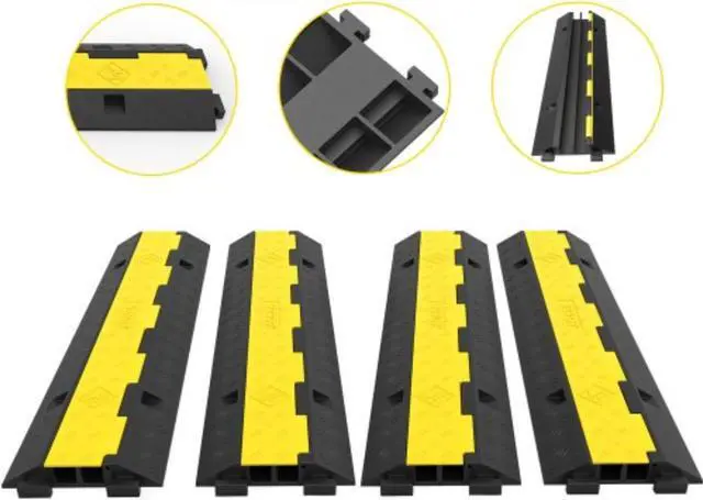 Main image of VEVOR Cable Protector Ramp, 4 Packs 2 Channels Speed Bump Hump, Rubber Modular Speed Bump Rated 11000 LBS Load Capacity, Protective Wire Cord Ramp Driveway Rubber Traffic Speed Bumps Cable Protector