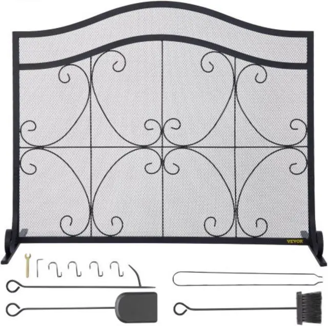Main image of VEVOR Fireplace Screen, 38 x 26.5 Inch,Heavy Duty Iron Freestanding Spark Guard with Support, Metal Mesh Craft, Broom Tong Shovel Poker Included for Fireplace Decoration & Protection, Black