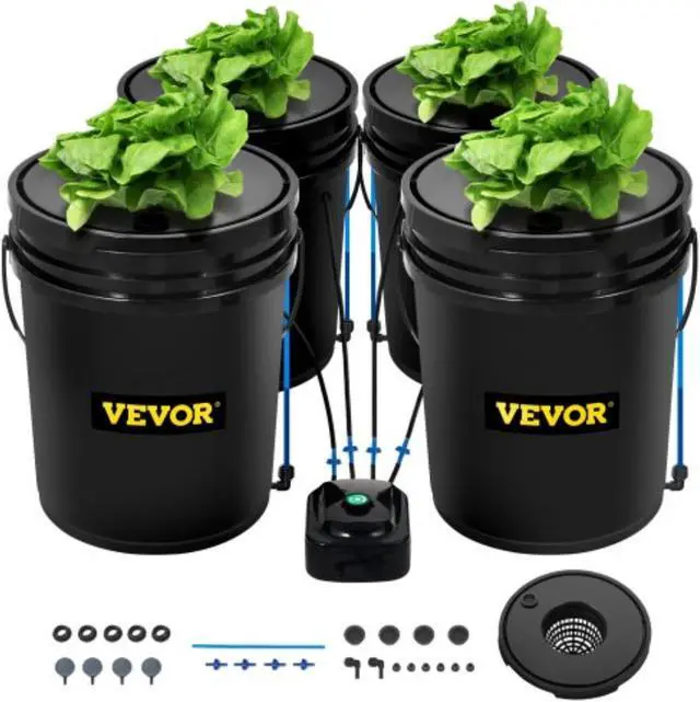 Main image of VEVOR DWC Hydroponic System, 5 Gallon 4 Buckets, Deep Water Culture Growing Bucket, Hydroponics Grow Kit with Pump, Air Stone and Water Level Device, for Indoor/Outdoor Leafy Vegetables
