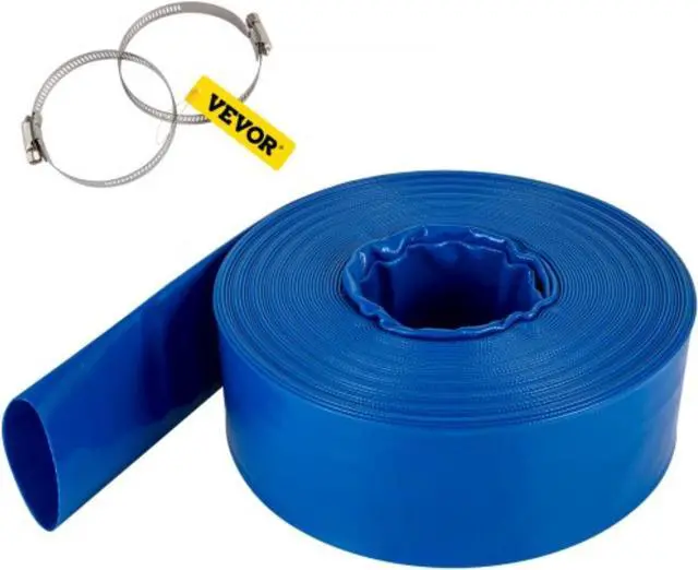 Main image of VEVOR Discharge Hose, 4" x 105', PVC Lay Flat Hose, Heavy Duty Backwash Drain Hose with Clamps, Weather-proof & Burst-proof, Ideal for Swimming Pool & Water Transfer, Blue