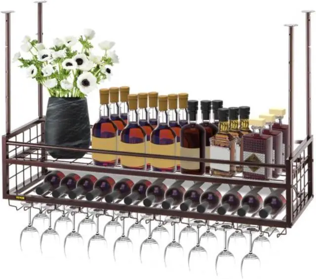 Main image of VEVOR Ceiling Wine Glass Rack, 46.9 x 11.8 inch Hanging Wine Glass Rack, 18.9-35.8 inch Height Adjustable Hanging Wine Rack Cabinet, Coppery Wall-Mounted Wine Glass Rack Perfect for Bar Cafe Kitchen
