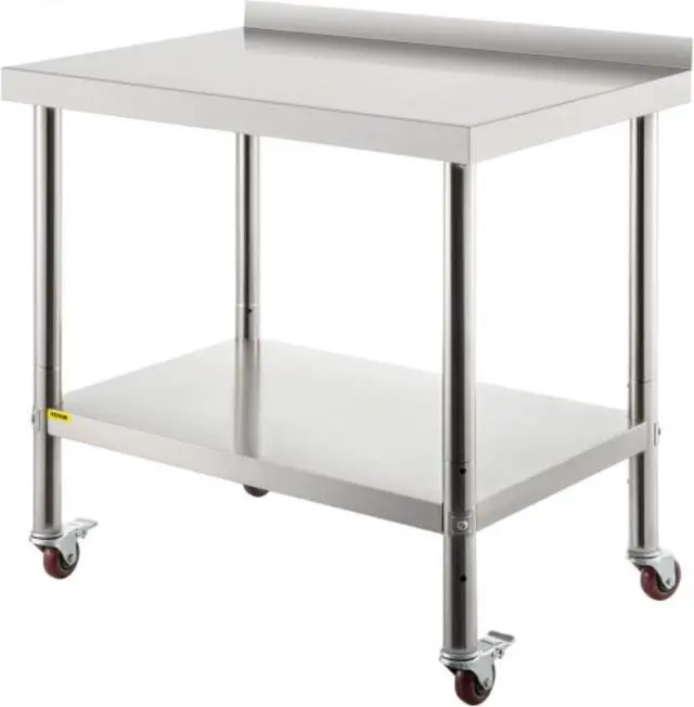 Main image of VEVOR Stainless Steel Prep Table, 30 x 24 x 35 Inch, 440lbs Load Capacity Heavy Duty Metal Worktable with Backsplash Adjustable Undershelf & 4 Casters, Commercial Workstation for Kitchen Restaurant