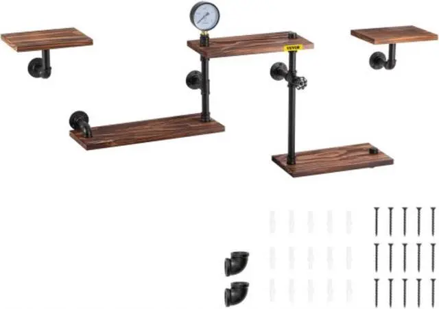 Main image of VEVOR Industrial Pipe Shelving, Pipe Shelves with 5-Tier Wood Planks, Rustic Floating Shelves Wall Mounted, Wall Shelf DIY Bookshelf for Bar Kitchen Bathroom Farmhouse Living Room, 47x28x9 inch