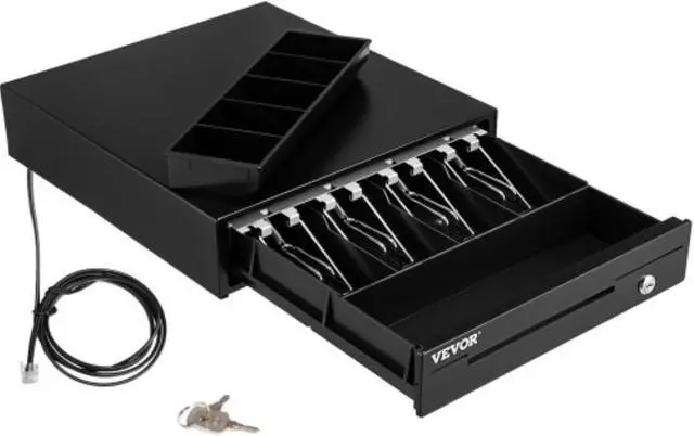 Main image of VEVOR Cash Register Drawer, 13" 12 V, for POS System with 4 Bill 5 Coin Cash Tray, Removable Coin Compartment & 2 Keys Included, RJ11/RJ12 Cable for Supermarket, Bar, Coffee Shop, Restaurant