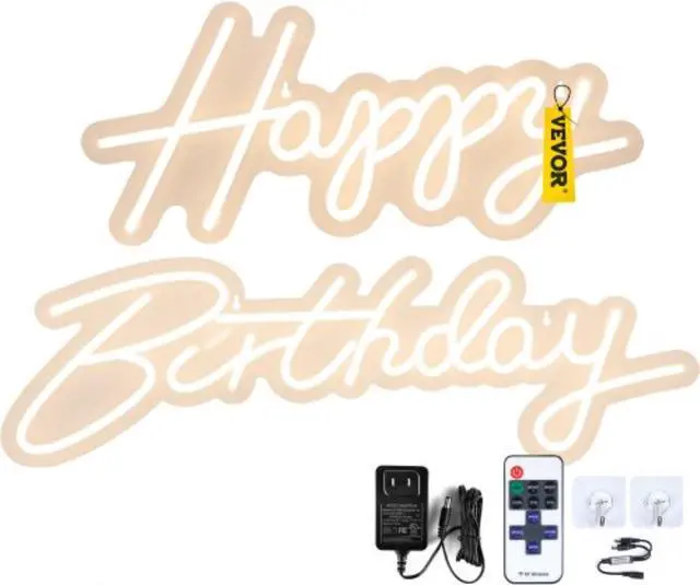 Main image of VEVOR Happy Birthday Neon Sign, 18" x 8" & 26" x 7.5" LED Neon Lights Signs, Adjustable Brightness with Dimmer Switch and Power Adapter, Reusable for Party, Club, Celebration and Decoration Warm White
