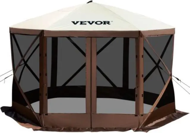 Main image of VEVOR Camping Gazebo Tent, 10'x10', 6 Sided Pop-up Canopy Screen Tent for 8 Person Camping, Waterproof Screen Shelter w/Portable Storage Bag, Ground Stakes, Mesh Windows, Brown & Beige