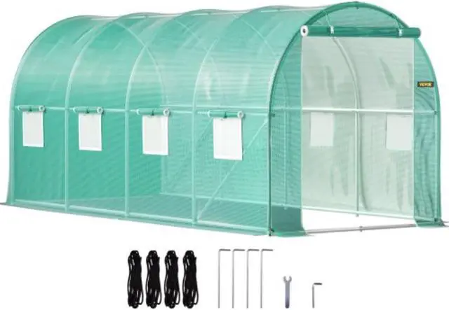 Main image of VEVOR Walk-in Tunnel Greenhouse, 15 x 7 x 7 ft Portable Plant Hot House w/ Galvanized Steel Hoops, 1 Top Beam, Diagonal Poles, Zippered Door & 8 Roll-up Windows, Green