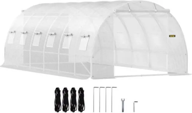Main image of VEVOR Walk-in Tunnel Greenhouse, 20 x 10 x 7 ft Portable Plant Hot House w/ Galvanized Steel Hoops, 3 Top Beams, Diagonal Poles, 2 Zippered Doors & 12 Roll-up Windows, White