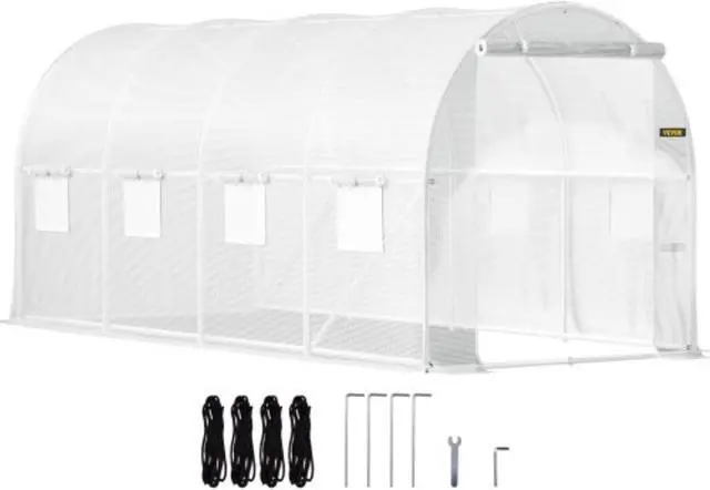 Main image of VEVOR Walk-in Tunnel Greenhouse, 15 x 7 x 7 ft Portable Plant Hot House w/ Galvanized Steel Hoops, 1 Top Beam, Diagonal Poles, Zippered Door & 8 Roll-up Windows, White