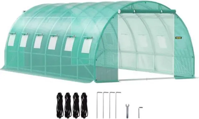 Main image of VEVOR Walk-in Tunnel Greenhouse, 20 x 10 x 7 ft Portable Plant Hot House w/ Galvanized Steel Hoops, 3 Top Beams, Diagonal Poles, 2 Zippered Doors & 12 Roll-up Windows, Green