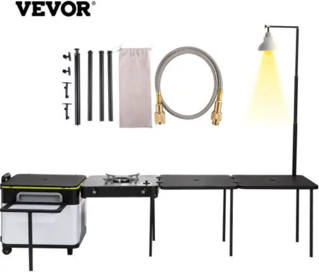 Main image of VEVOR Outdoor Mobile Kitchen, Portable Multifunctional Camp Box with Wheels All in One Integrated Cooking Station with Windproof Stove, Folding Tables Storage Organizer, Black