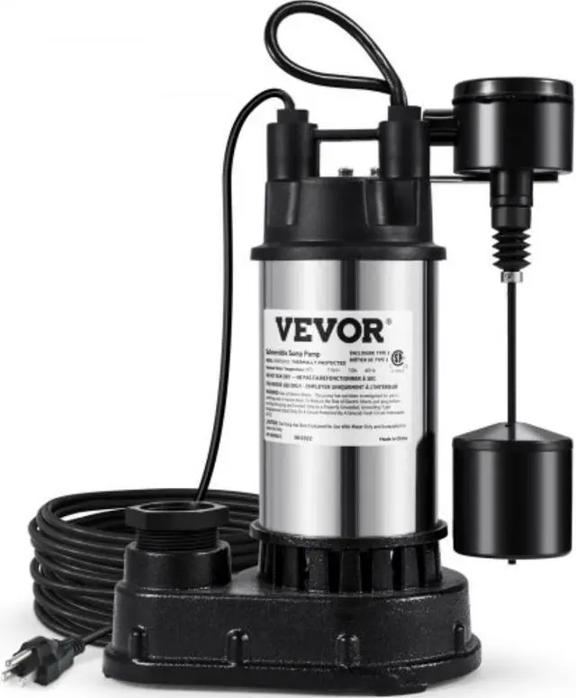 Main image of VEVOR 1.5 HP Submersible Cast Iron and Steel Sump Pump, 6000 GPH Submersible Water Pump with Integrated Vertical Float Switch, for Basement Water Basin and Flooding Area
