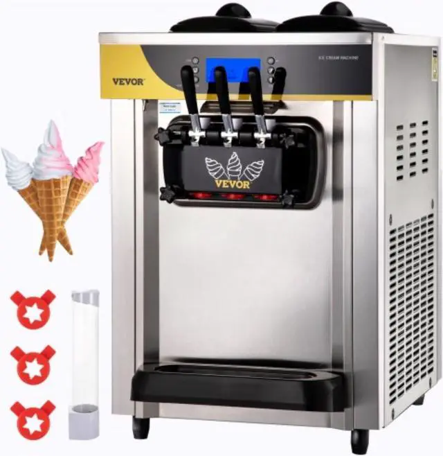 Main image of VEVOR Commercial Ice Cream Maker, 22-30L/H Yield, 2200W Countertop Soft Serve Machine w/ 2x6L Hopper 2L Cylinder LCD Panel Puffing Shortage Alarm, Frozen Yogurt Maker for Restaurant Snack Bar, Silver