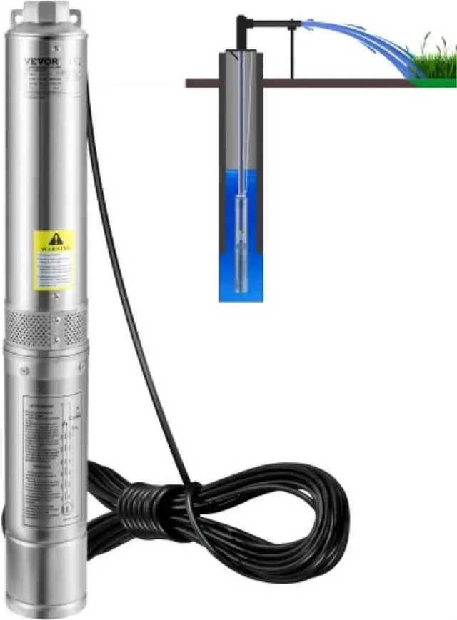 Main image of VEVOR Deep Well Submersible Pump, 3HP/2200W 230V/60Hz, 37GPM Flow 640 ft Head, with 33 ft Electric Cord, 4 inch Stainless Steel Water Pumps for Industrial, Irrigation & Home Use, IP68 Waterproof Grade