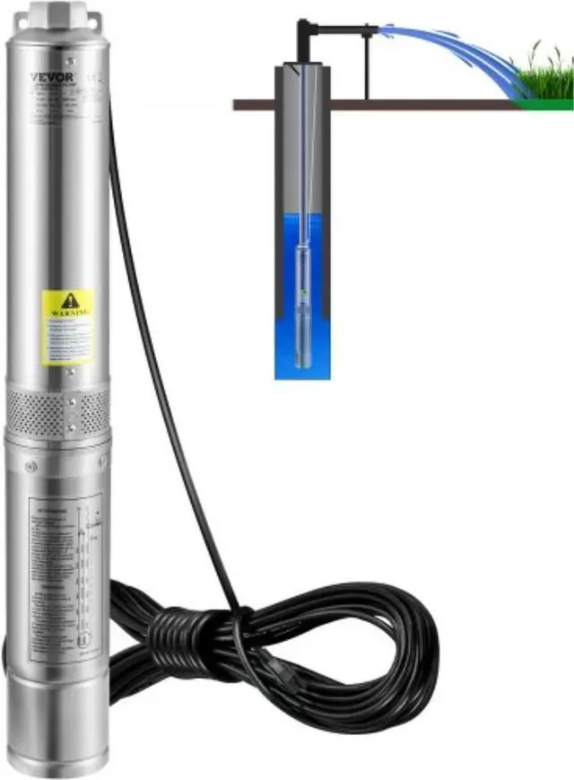 Main image of VEVOR Deep Well Submersible Pump, 1HP 115V/60Hz, 37gpm Flow 207ft Head, with 33ft Electric Cord, 4" Stainless Steel Water Pump for Industrial, Irrigation&Home Use, IP68 Waterproof Grade