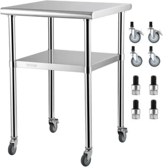 Main image of VEVOR Stainless Steel Prep Table, 24 x 24 x 36 Inch, 600lbs Load Capacity Heavy Duty Metal Worktable with Adjustable Undershelf & Universal Wheels, Commercial Workstation for Kitchen Garage Backyard