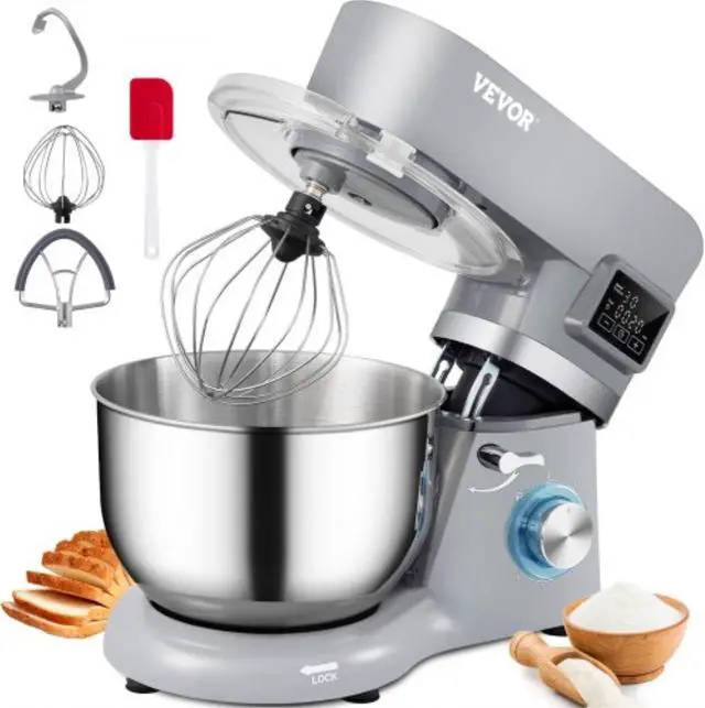 Main image of VEVOR Stand Mixer, 660W Electric Dough Mixer with 6 Speeds LCD Screen Timing, Tilt-Head Food Mixer with 5.8 Qt Stainless Steel Bowl, Dough Hook, Flat Beater, Whisk, Scraper, Splash-Proof Cover - Gray