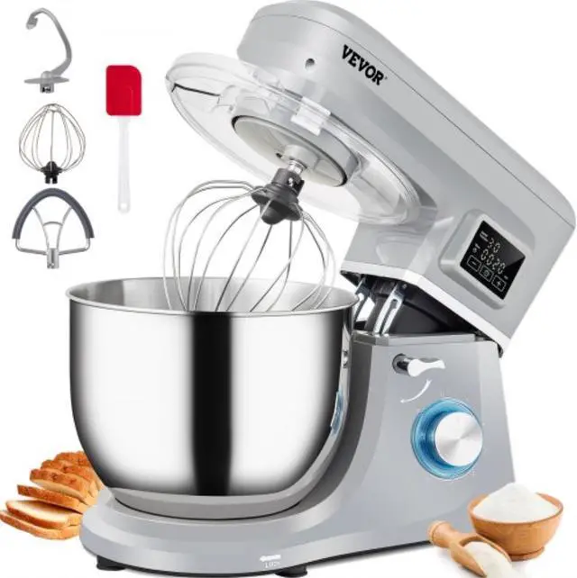 Main image of VEVOR Stand Mixer, 660W Electric Dough Mixer with 6 Speeds LCD Screen Timing, Tilt-Head Food Mixer with 7.4 Qt Stainless Steel Bowl, Dough Hook, Flat Beater, Whisk, Scraper, Splash-Proof Cover - Gray
