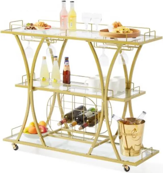 Main image of VEVOR 3 Tiers Gold Metal Bar Serving Cart with Wine Rack Glass Holder 180 LBS