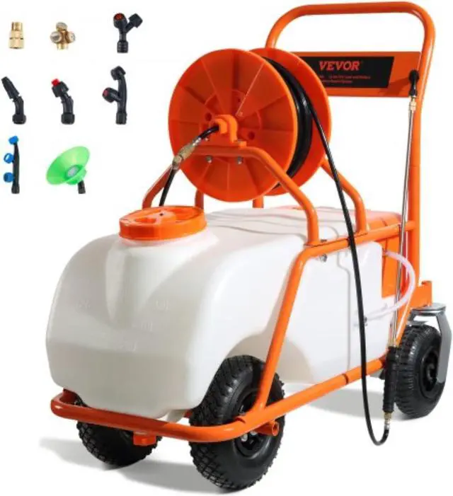 Main image of VEVOR Battery Powered Lawn Sprayer on Wheel, 0-90 PSI Adjustable Pressure, 15 Gallon Tank, Cart Sprayer with 8 Nozzles and 2 Wands, 12V 12Ah Battery, Wide Mouth Lid for Weeding, Spraying