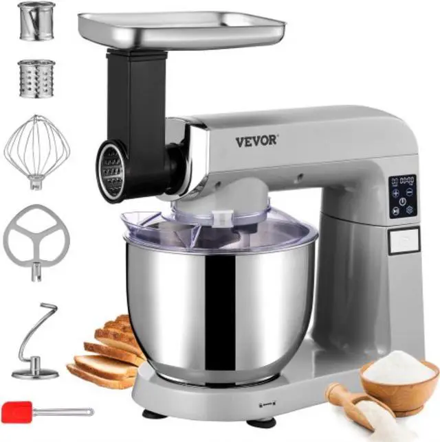 Main image of VEVOR 6 IN 1 Stand Mixer, 450W Tilt-Head Multifunctional Electric Mixer with 6 Speeds LCD Screen Timing, 7.4Qt Stainless Bowl, Dough Hook, Flat Beater, Whisk, Scraper, Grinder, Stuffer, Slicer - Gray
